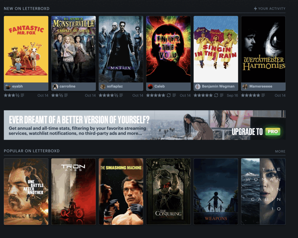 Une capture d'écran de la page d'accueil du réseau social Letterboxd en octobre 2025.