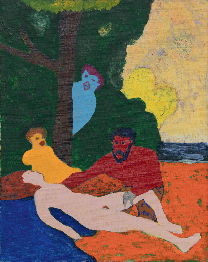 Nymph and Satyr (1963) de Bob Thompson. Huile sur toile. 50,8 x 40,6 cm.