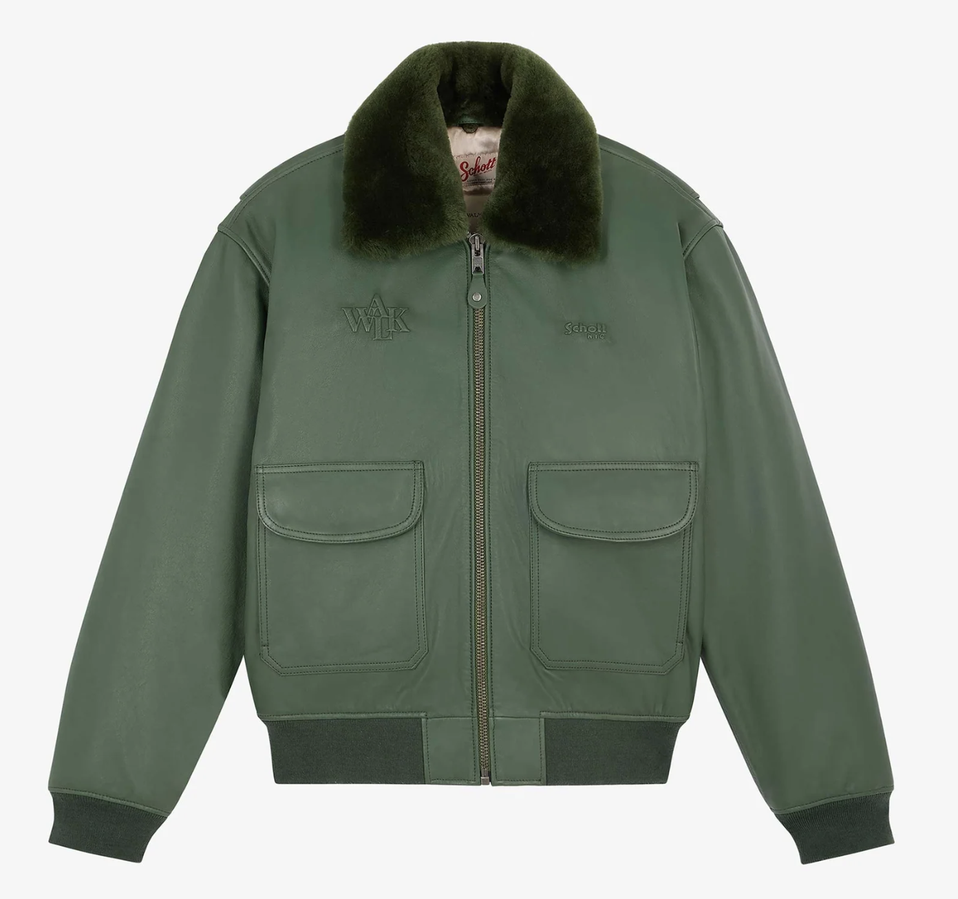 bomber aviateur en cuir vert à col fourrure walk in paris x schott