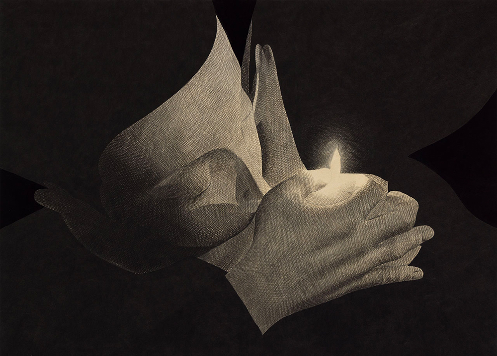 peinture sur papier hanji de Moonassi, Calm Your Spark (2025) exposée à la galerie Vazieux à la foire Asia Now 2025 à la Monnaie de Paris