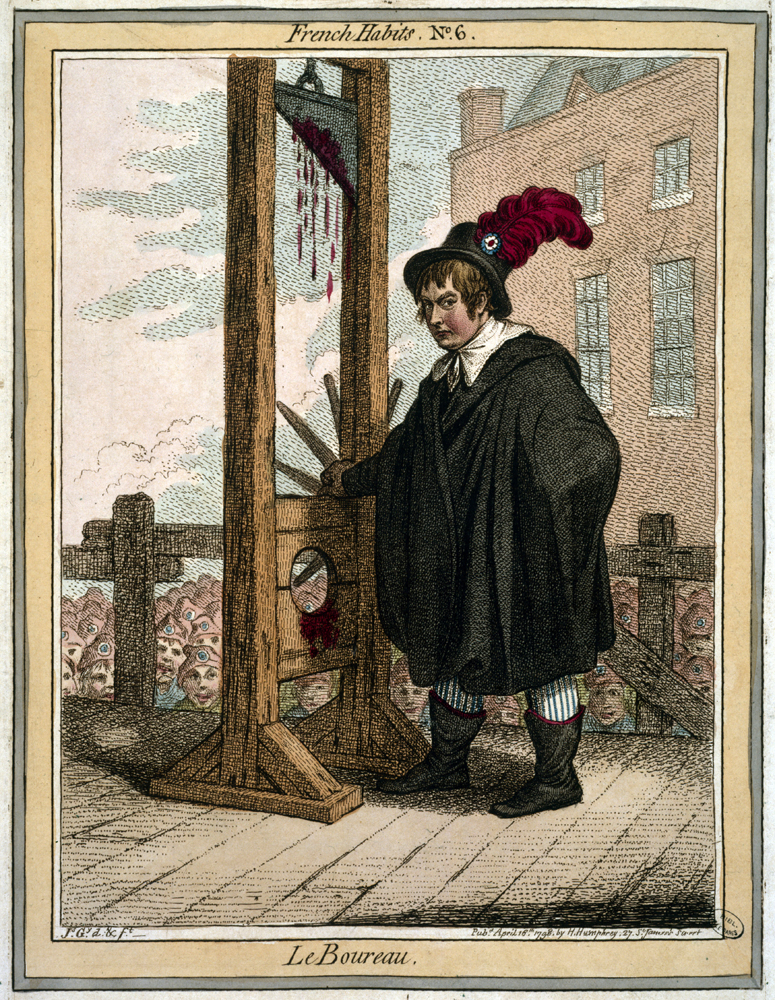 gravure de l'artiste James Gillray, French habits, numéro 6 : le boureau (1798) devant une guillotine
