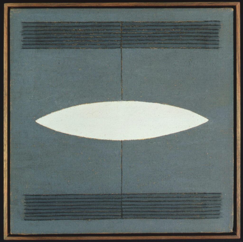 Agnes Martin, Blue-Grey Composition (1962). Oil on canvas. 30.5 × 30.5 cm (without frame). Pinault Collection © Agnes Martin Foundation, New York / Adagp, Paris, 2025. Photo: Marco Cappelletti © Palazzo Grassi.
