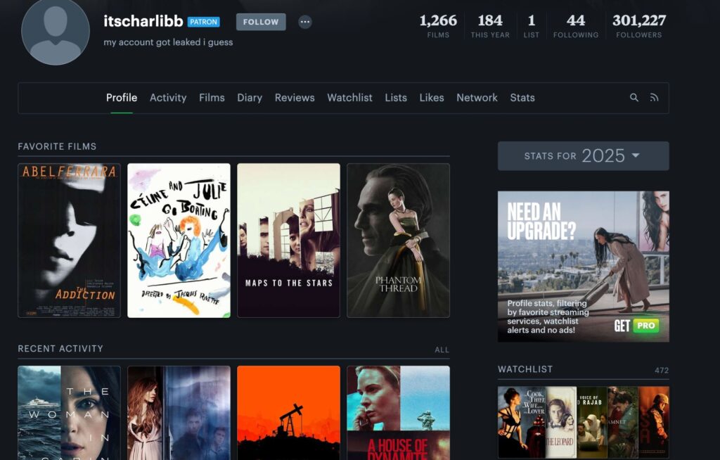 Une capture d'écran du compte Letterboxd de la chanteuse Charli XCX en octobre 2025.