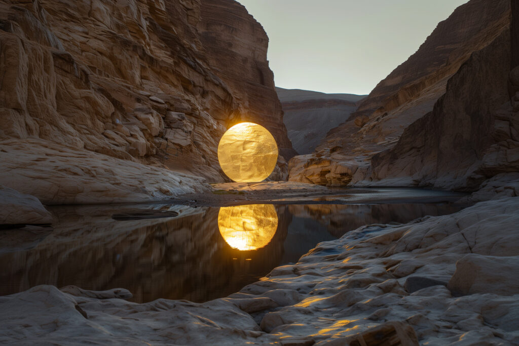 Louis-Cyprien Rials, Fiery Oculus / Melting sundial (2024) AI-generated Land Art concept Produced with the support of Arts AlUla and AFALULA. © Louis-Cyprien Rials. C ourtesy of the artist