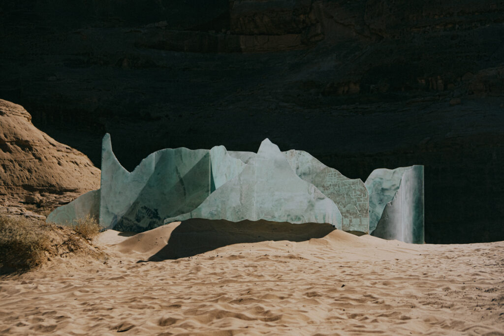 Sarah Brahim & Ugo Schiavi, NEUMA: The Forgotten Ceremony (2025) In situ installation, sandblasted printed glass and steel Produced with the support of Villa Hegra as part of its residency programme View of the installation, AlUla, 2024 © Adagp, Paris, 2025. Photo: Laurence Hills. Courtesy of the artists