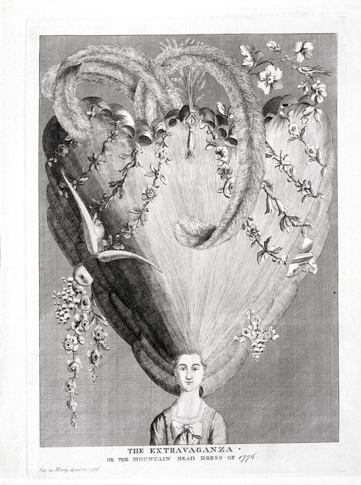 caricature de Marie-Antoinette par Matthew Darly, The Extravaganza ou The Mountain Head Dress (1776)
