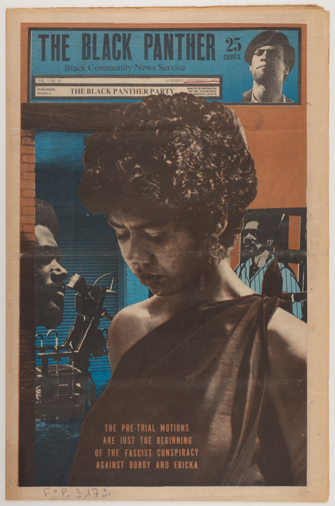 Journal hebdomadaire américain, Emory Douglas, couverture pour Black Panther : black community news service, vol. V, n°19, 7 novembre 1970 © 2025 Emory Douglas / Licensed by AFNYLAW.com © coll. la Contemporaine, GFP 5592.