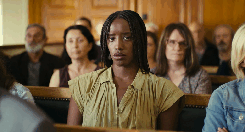Actress Kayije Kagame in the film Saint Omer (2022) by Alice Diop.