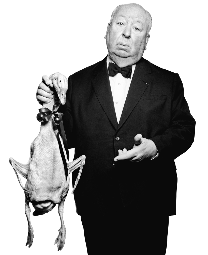 Portrait d'Alfred Hitchcock avec une oie prise en 1976 par Albert Watson pour la magazine Harpers Bazaar