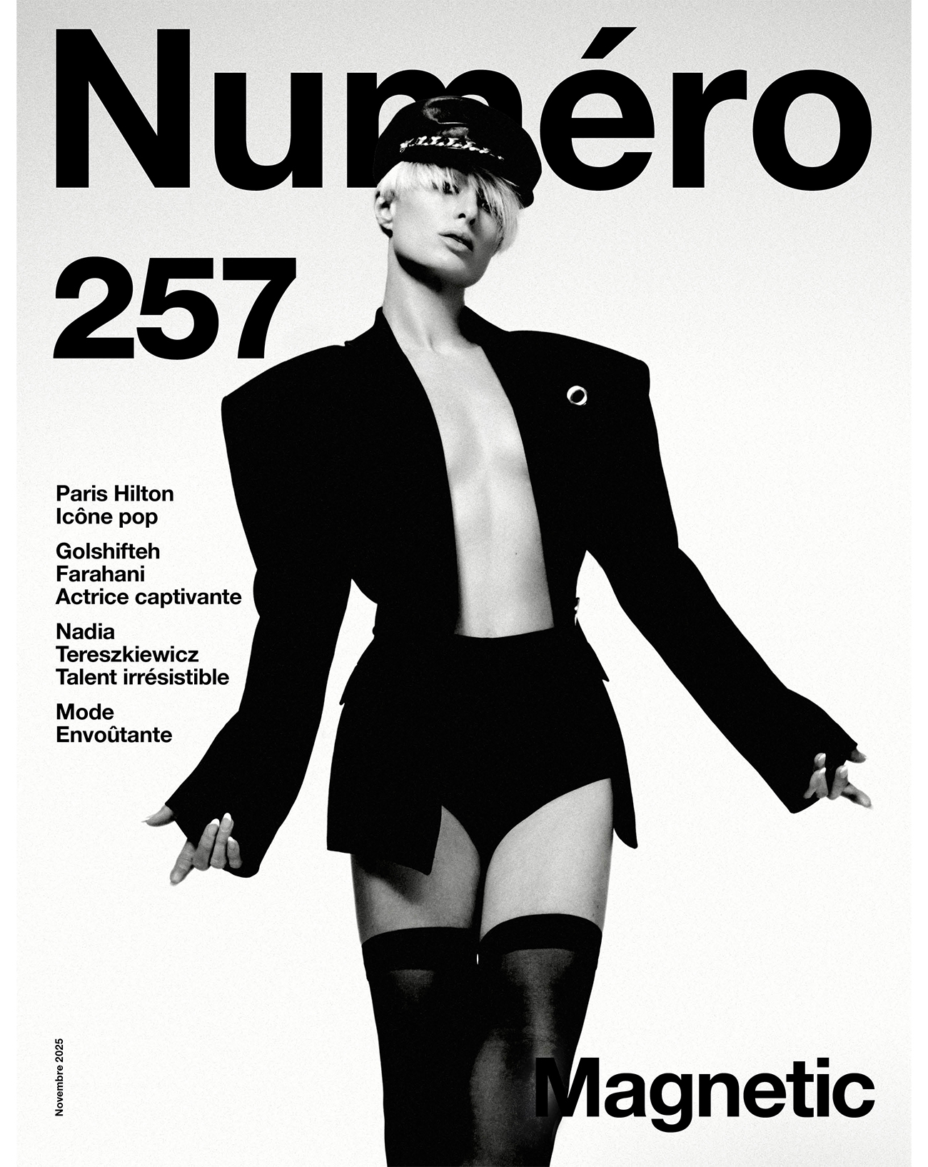 Paris Hilton photographiée par Matt Easton. Paris Hilton porte une veste en laine, KARL LAGERFELD. Culotte, INTIMISSIMI. Bas, CALZEDONIA. Casquette vintage. Réalisation : Anna Castan. Coiffure : Daniel Martin avec les produits Sam McKnight. Maquillage : Marion Robine avec les produits Hourglass chez Calliste Agency.