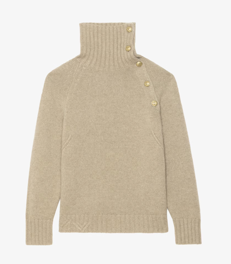 pull beige à col roulé en cachemire zadig et voltaire 