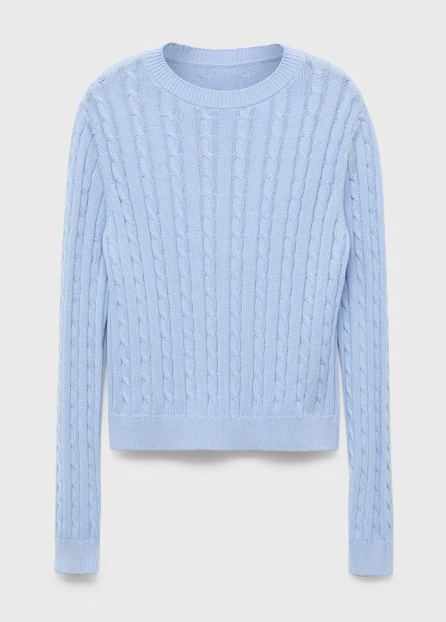 pull en maille tressée bleu ciel mango 