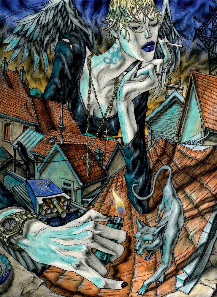 Untitled (2025) de David Rappeneau. Acrylique, stylo à bille, crayon, fusain et marqueur acrylique sur papier. 40,6 x 29,6 cm.