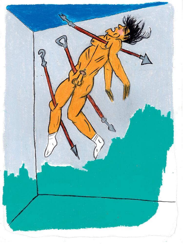 Illustration de la performance de l'artiste Takis et du poète Sinclair Beiles à la galerie Iris Clert en 1960 par Soufiane Ababri pour Numéro Art 17.
