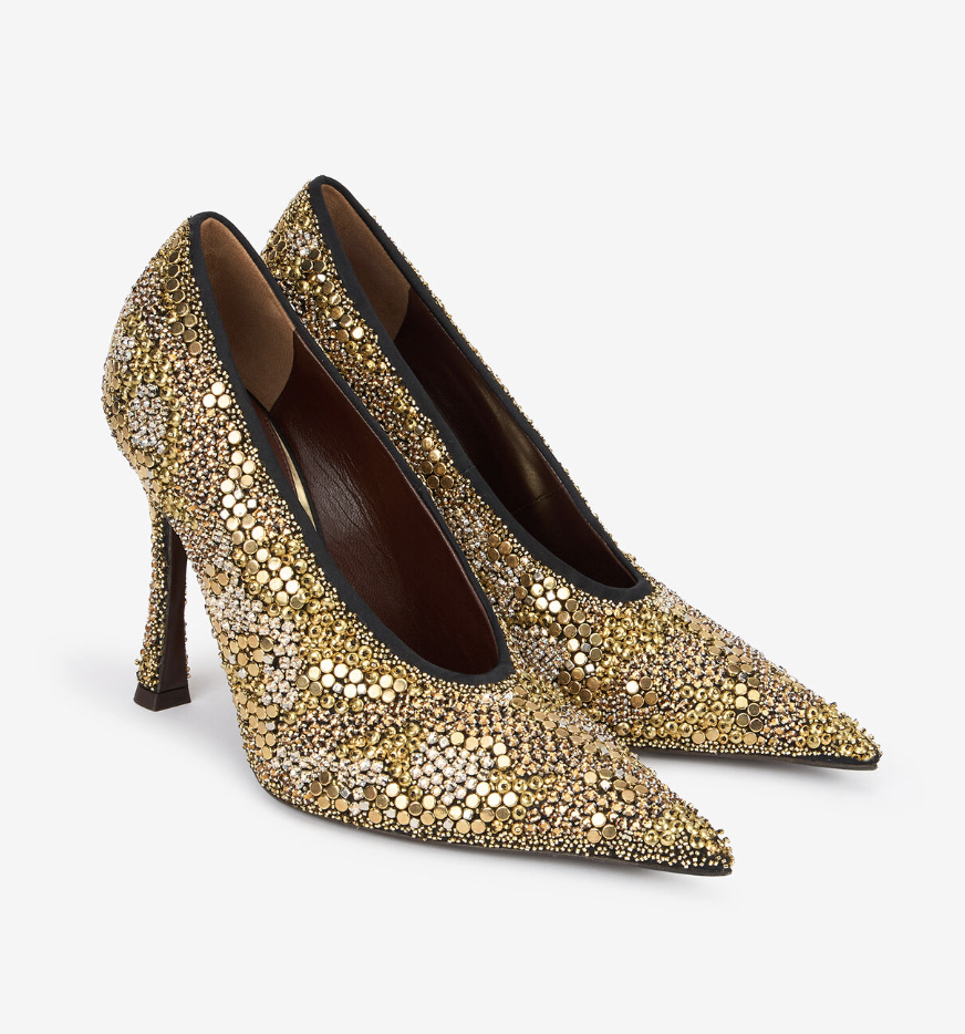 escarpins à clous et cristaux dorés roberto cavalli