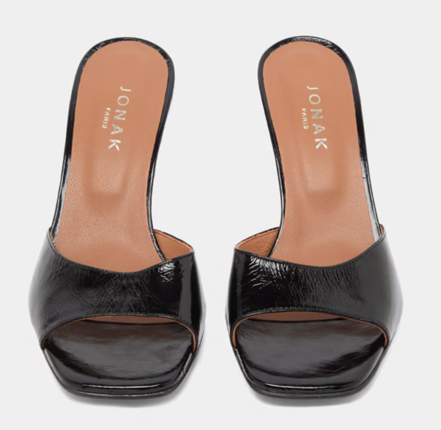 mules à petit talon en cuir brillant noir jonak