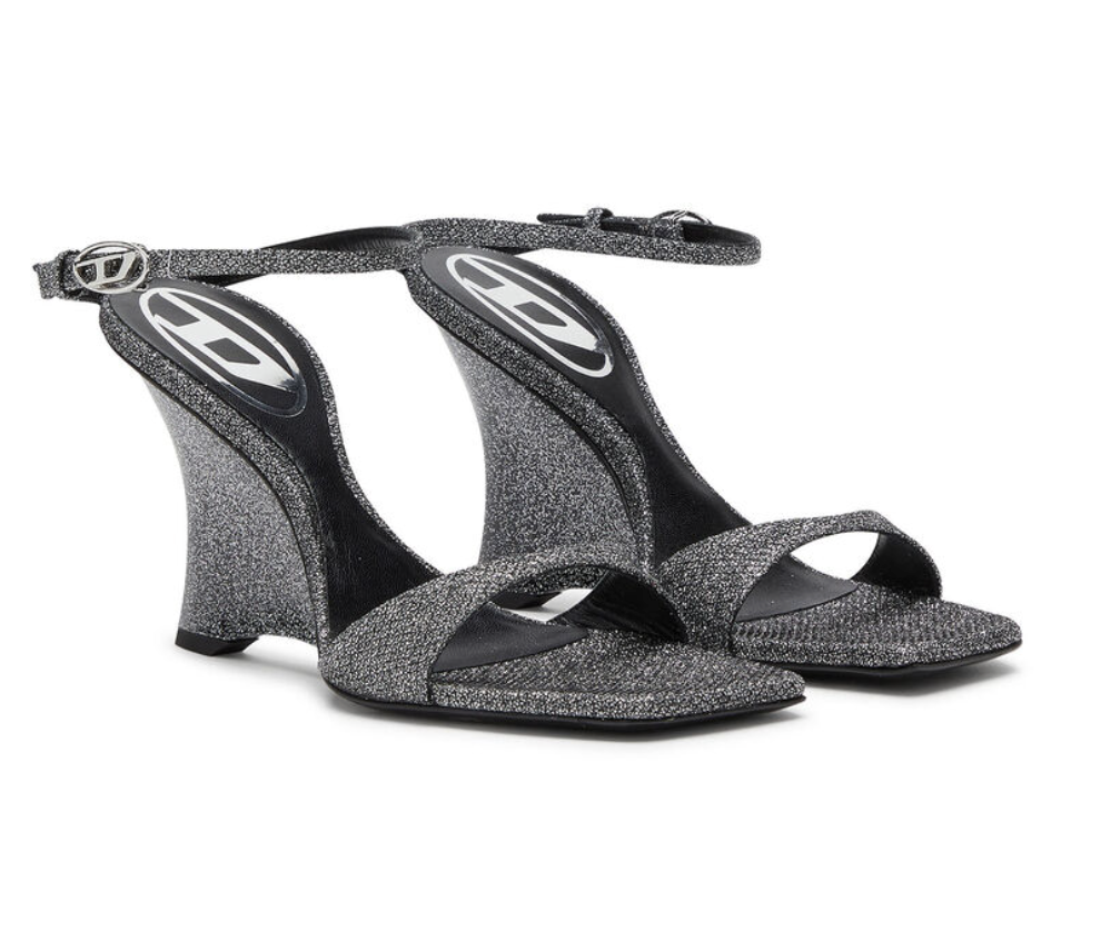 sandales argentées à talon compensé diesel