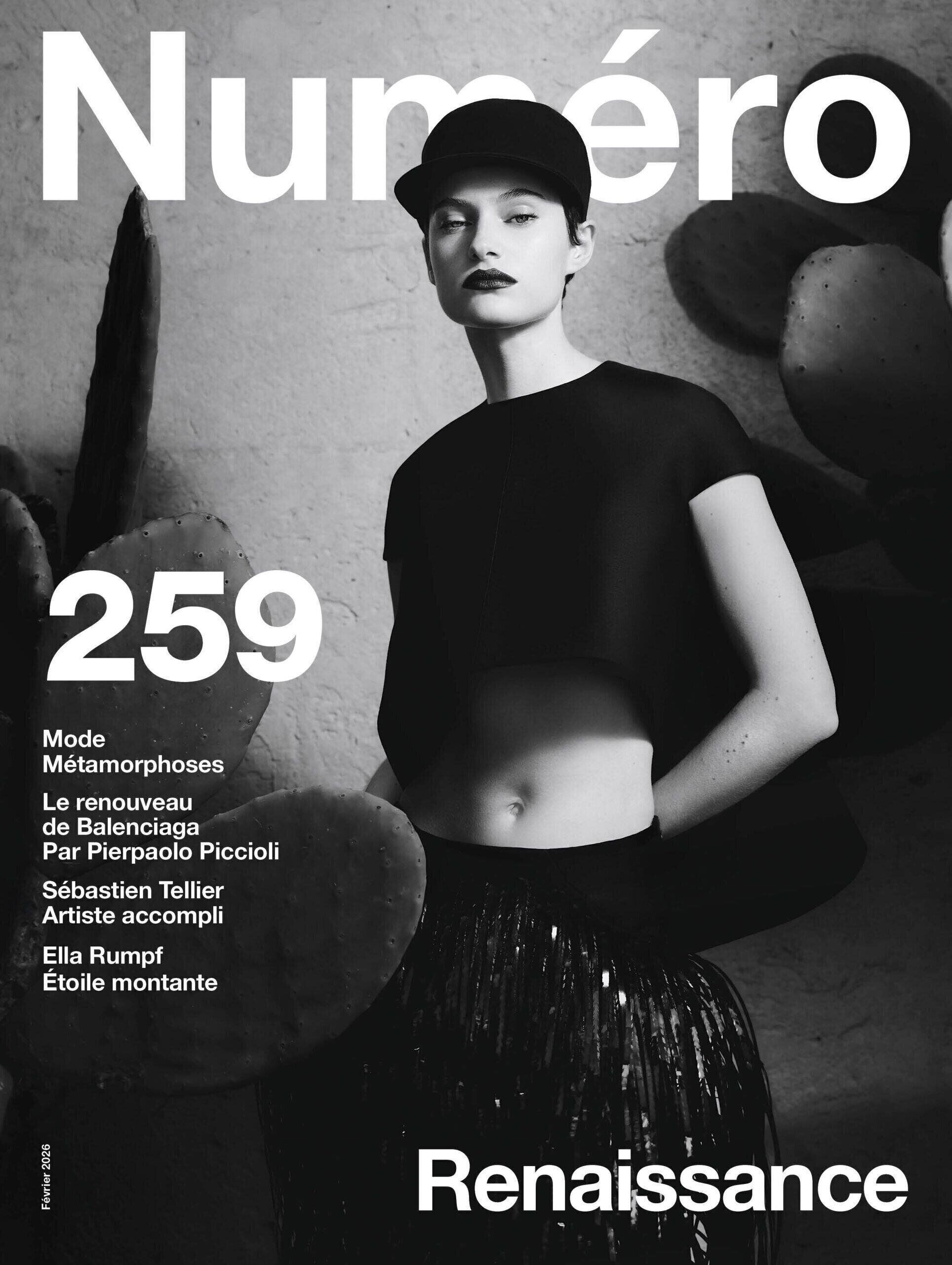Greta Hofer photographiée par Edgar Berg. Greta Hofer chez Elite Model MGMT porte un haut court en laine et soie, une jupe en laine et soie brodée de franges, et un chapeau, BALENCIAGA. Réalisation : Irina Marie. Coiffure : Hiromi Nishinaka. Maquillage : Annabelle Petit chez Wise&Talented.