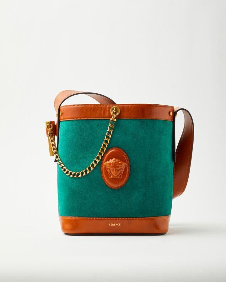 sac seau pivot en cuir et daim versace