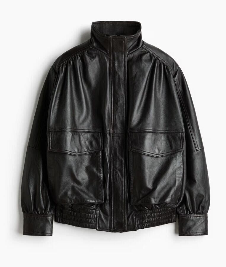 bomber oversized en cuir noir h&m