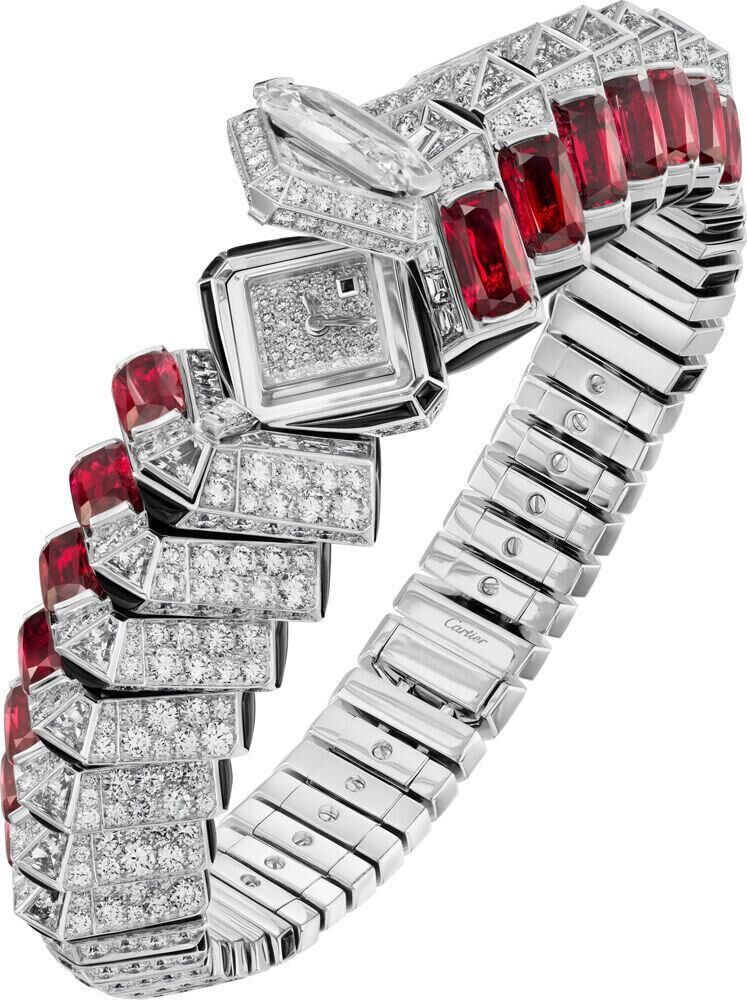Montre Terraïa de la collection En Equilibre, Haute Joaillerie, en or gris, diamants, rubis, Cartier.