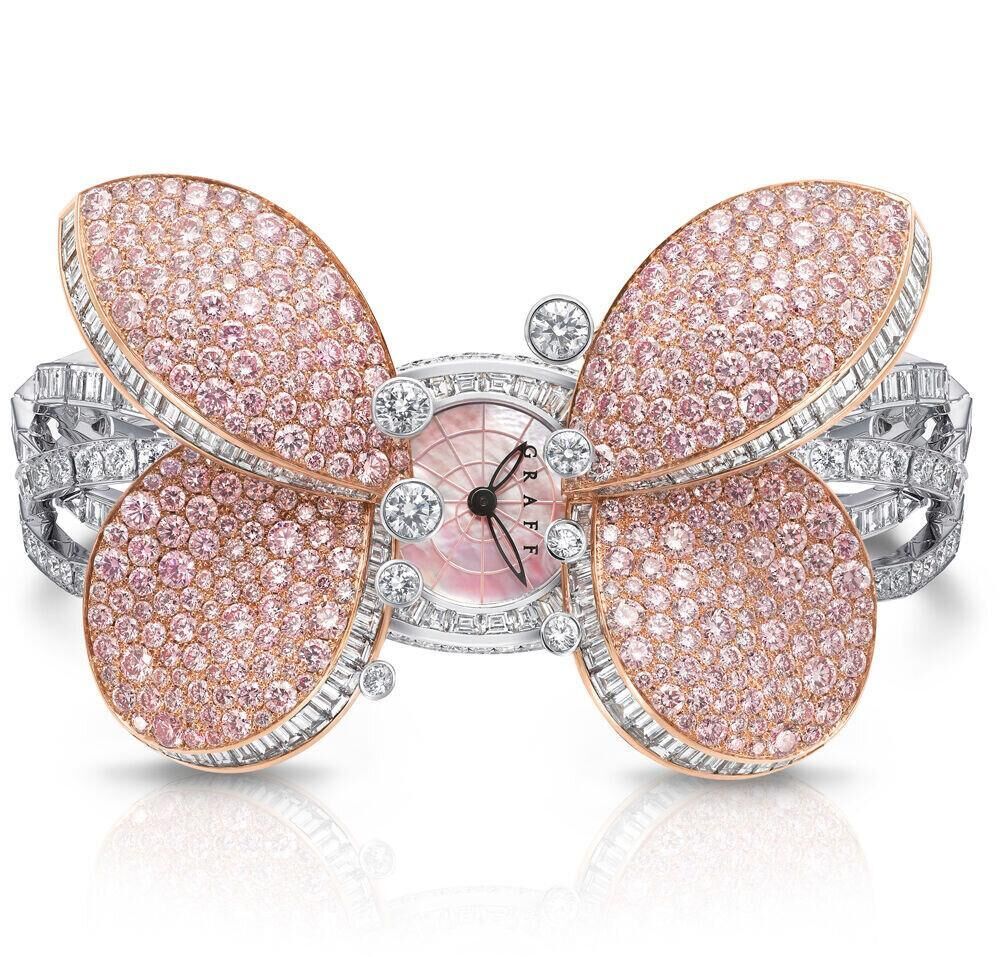 Montre Princess Butterfly en or blanc, diamants roses et blancs, Graff.