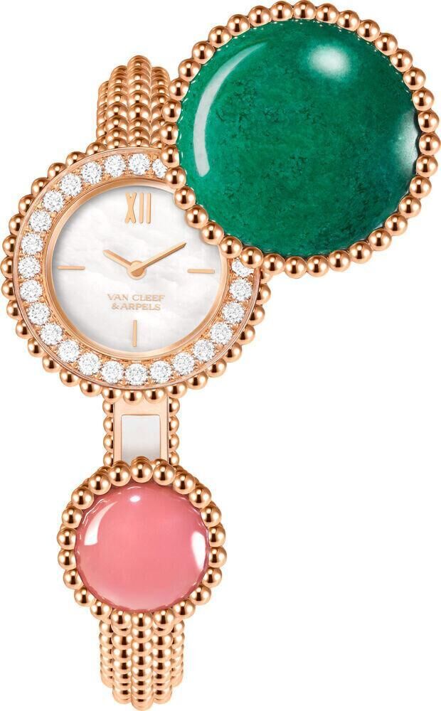 Montre à secret Perlée Toi & Moi, grand modèle en or rose, diamants, nacre blanche, jaspe vert, quartz rose, Van Cleef & Arpels.