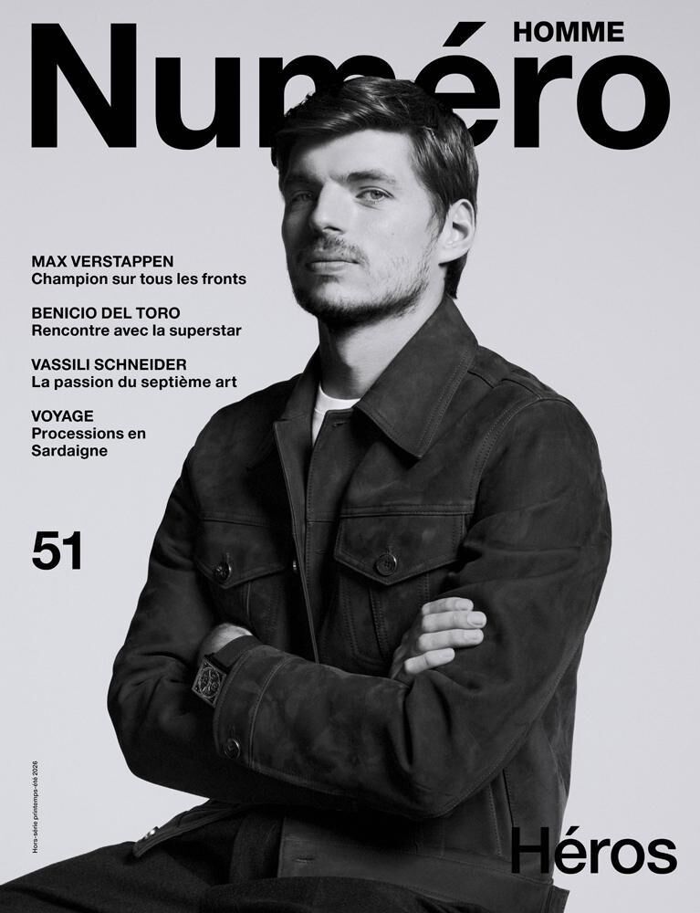 Couverture de Numéro homme avec le pilote de formule 1 Max Verstappen photographié par P.A Hüe de Fontenay