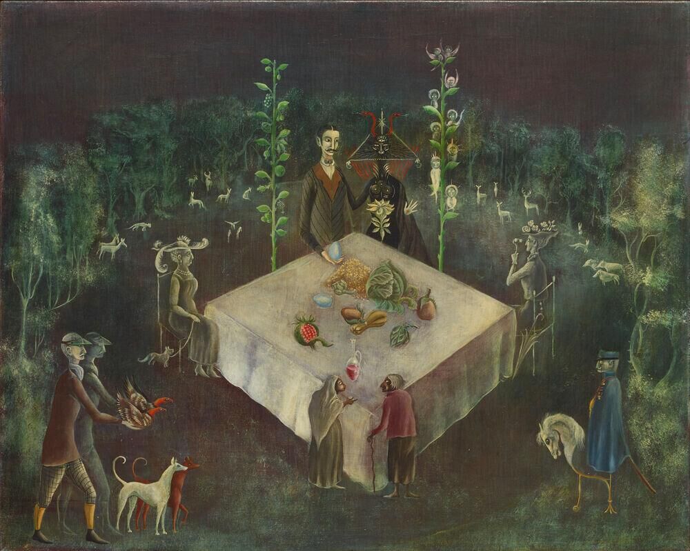 œuvre de Leonora Carrington, Edwardian Hunt Breakfast (1956) exposée au musée du Luxembourg à Paris en 2026