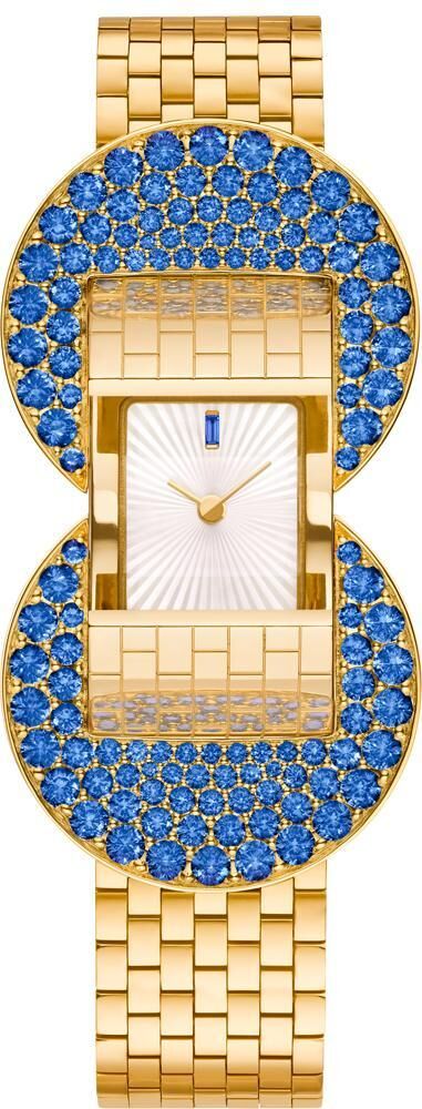 La montre Ludo Secret de Van Cleef & Arpels en or jaune et saphir avec un cadran en nacre.