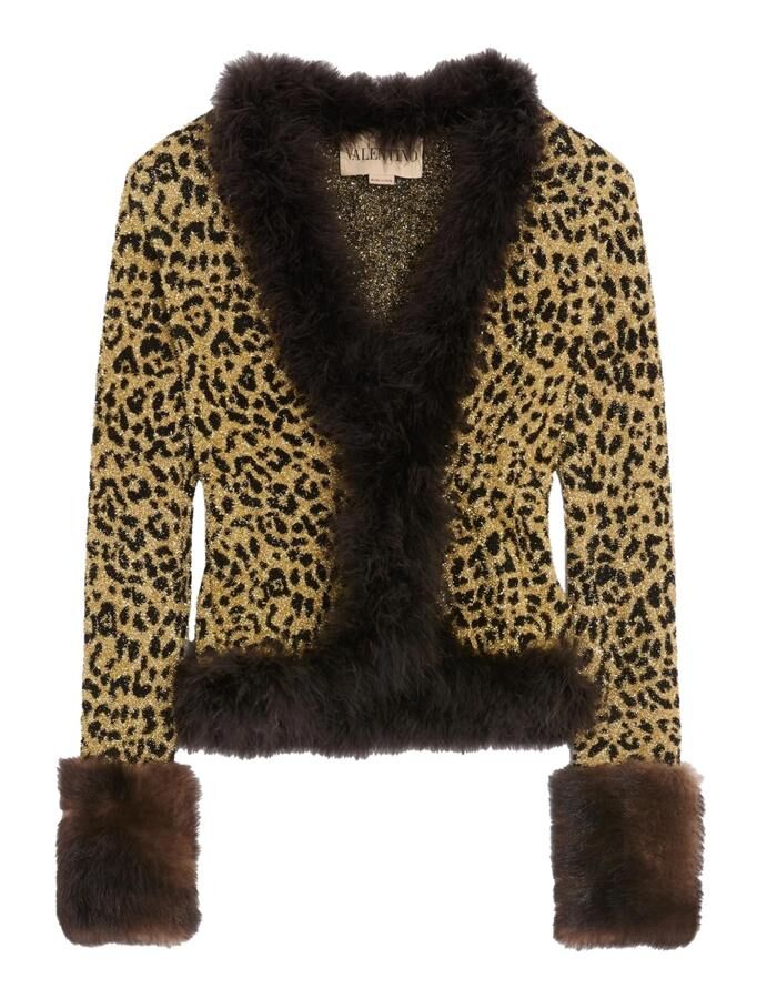 cardigan peau lainée imprimé animalier fourrure et plumes valentino garavani