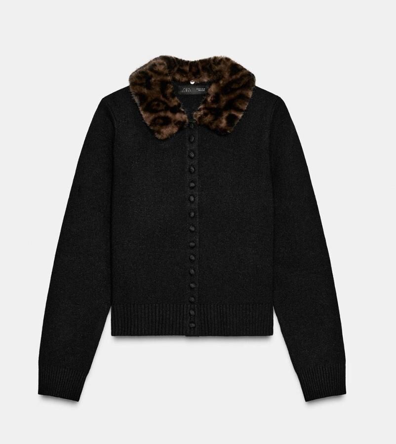 cardigan tendance en maille noire à col effet fourrure zara