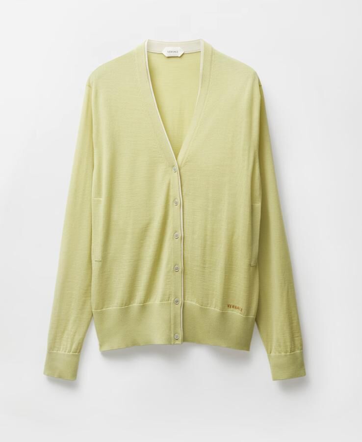 cardigan long tendance en laine vert amande versace