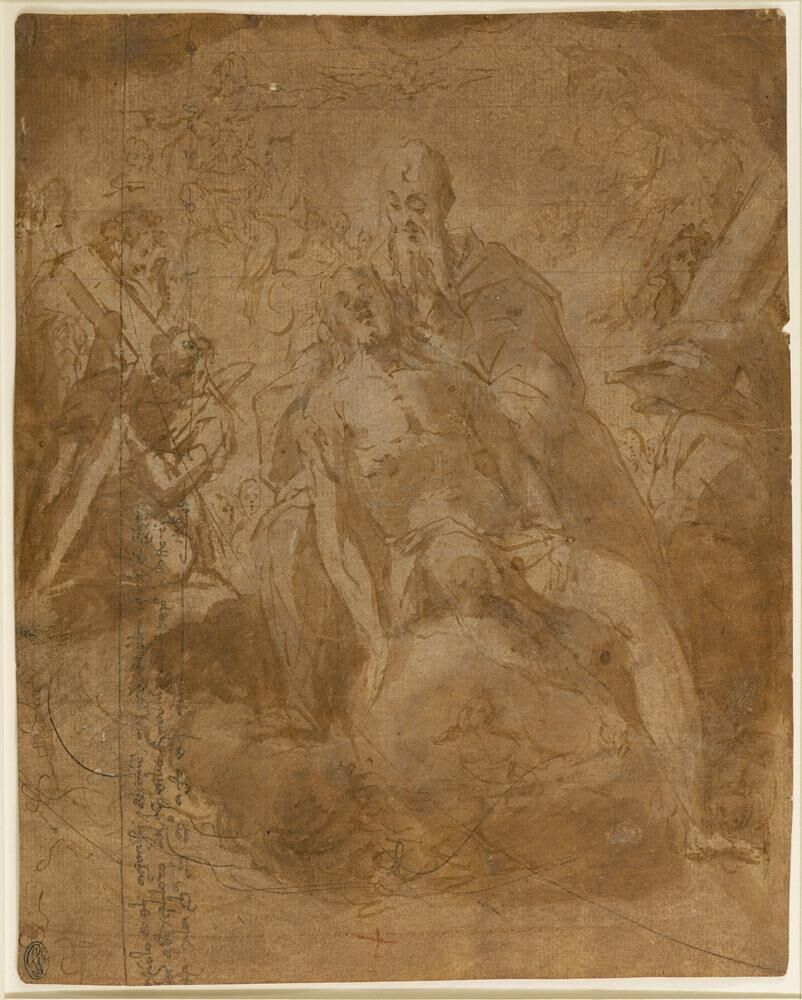 Dessin de Le Greco, Étude pour la Trinité du retable de Santo Domingo el Antiguo : le Christ en gloire avec Dieu le Père et le Saint Esprit entourés d'anges et des symboles de la Passion (1576-1577).