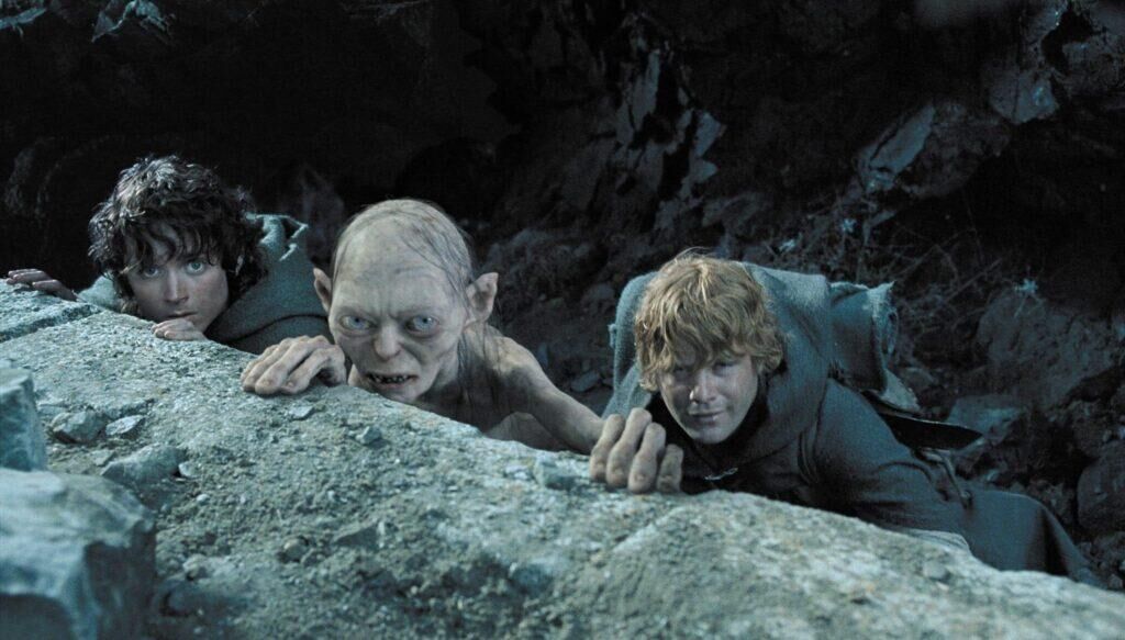 Elijah Wood, Andy Serkis (Gollum) et Sean Astin dans le film Le Seigneur des Anneaux : Le Retour du Roi (2003) de Peter Jackson © 2003 Lord Dritte Productions Deutschland Filmproduktion GmbH & Co. KG / New Line Productions Inc.