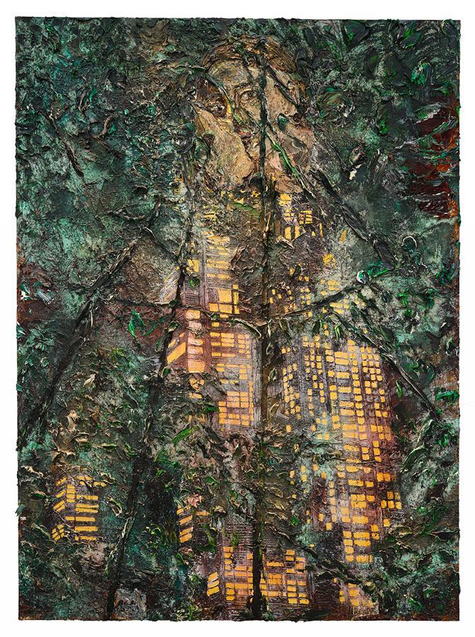 Anselm Kiefer, Klytia (2025). Émulsion, peinture à l’huile, peinture acrylique, gomme-laque, feuille d’or, sédiments d’électrolyse et collage de toile sur toile, 380 × 280 cm. 