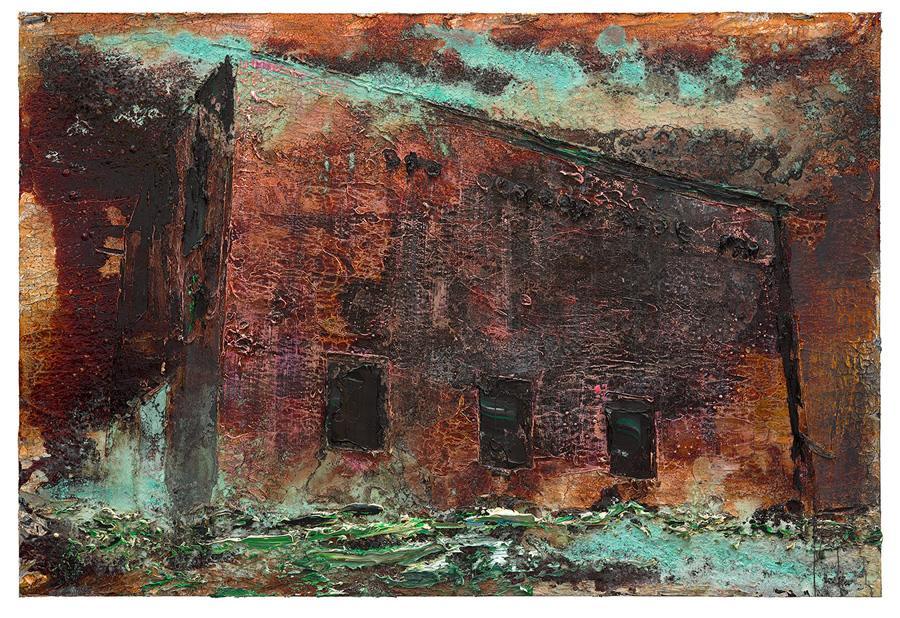 Anselm Kiefer, Nymphäum (2025). Émulsion, peinture à l’huile, peinture acrylique, gomme-laque, feuille d’or et sédiments d’électrolyse sur toile, 190 × 280 cm.
