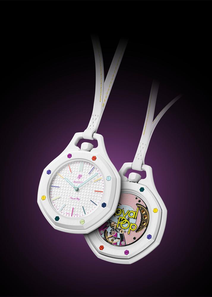 Royal Pop en biocéramique, mouvement SISTEM51 de Swatch, Audemars Piguet x Swatch, 385 euro.