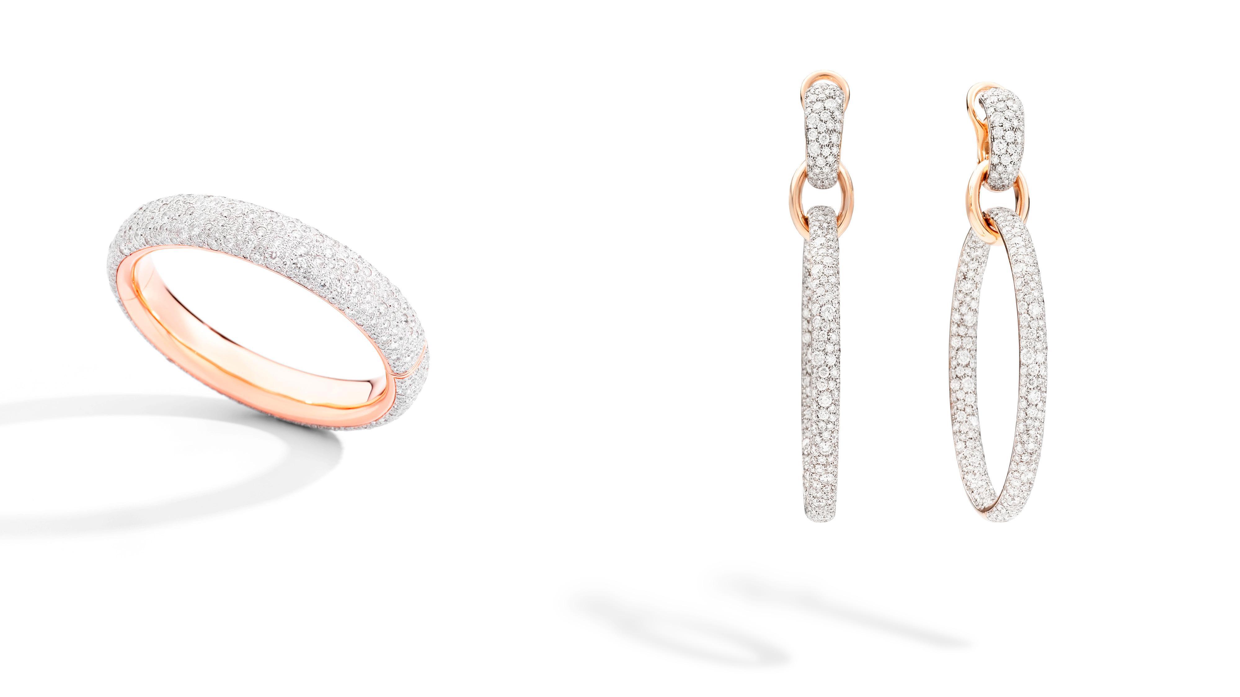 Bracelet et Boucles d'oreilles en or rose pavé de diamants de la collection Iconica de Pomellato.