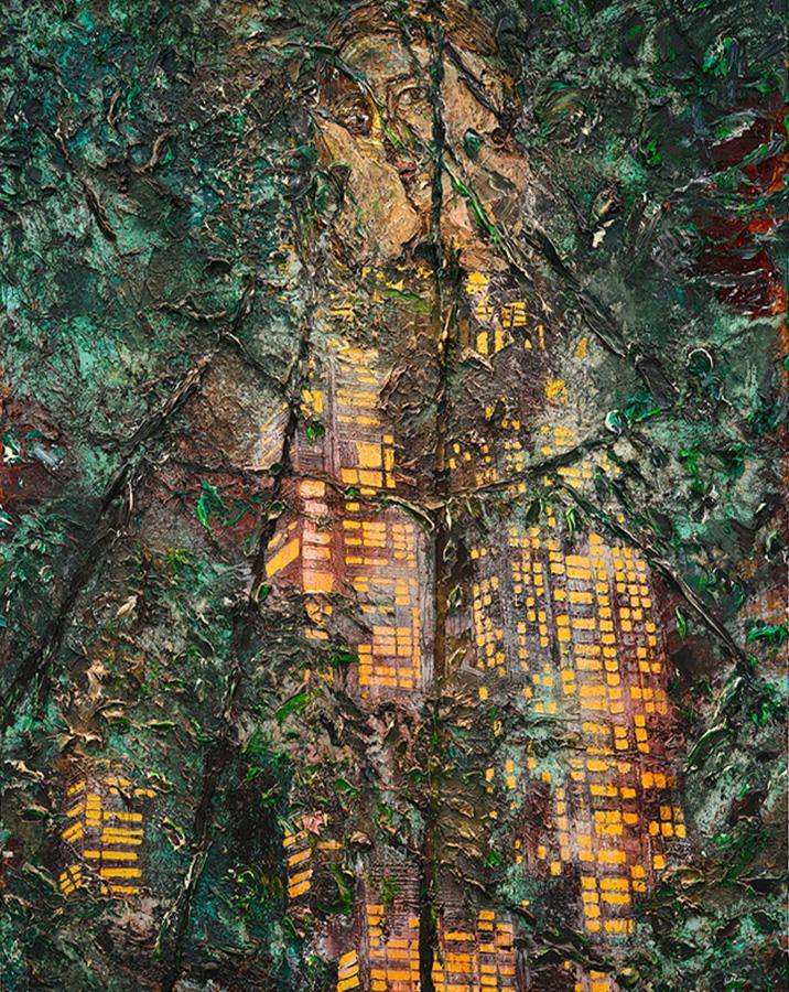Anselm Kiefer, Klytia (2025). Émulsion, peinture à l’huile, peinture acrylique, gomme-laque, feuille d’or, sédiments d’électrolyse et collage de toile sur toile, 380 × 280 cm.