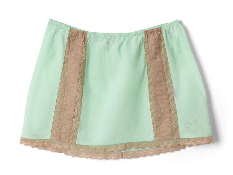 mini-jupe romantique verte et en dentelle marron, damson madder.