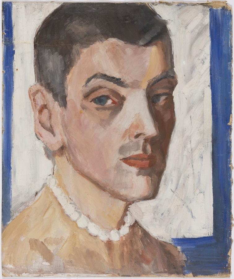 Peinture homme collier de perle. Karl Pärsimägi, Autoportree pärlitega (1935), Huile sur carton, 51,8 x 43,5 cm.