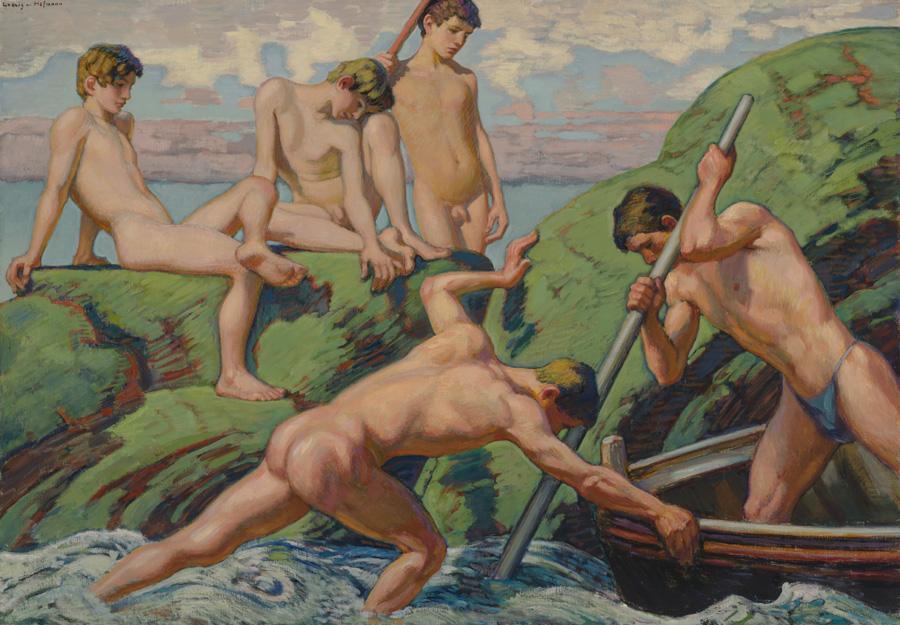 Peinture. Art. Ludwig von Hofmann, Pêcheurs et garçons nus sur la rive verte (1900).