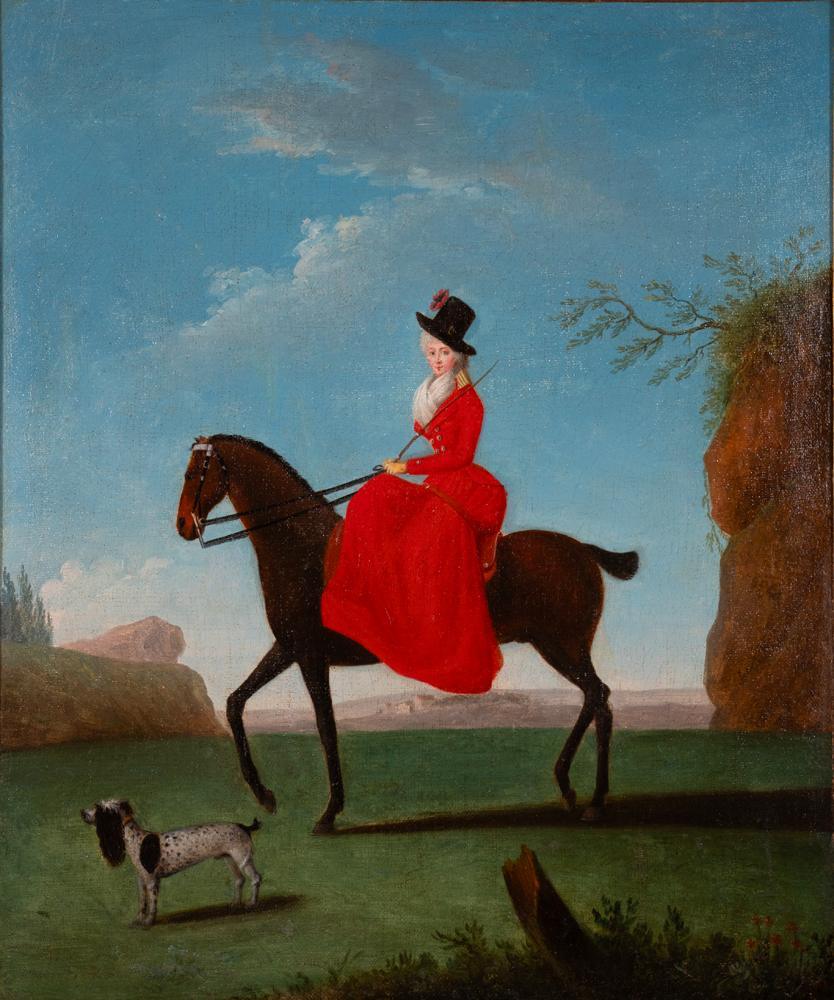 tableau L’Amazone en tenue rouge (fin 18ᵉ siècle). Grasse, collection Fragonard Parfumeur dans l'exposition Amazone au Musée Fragonard