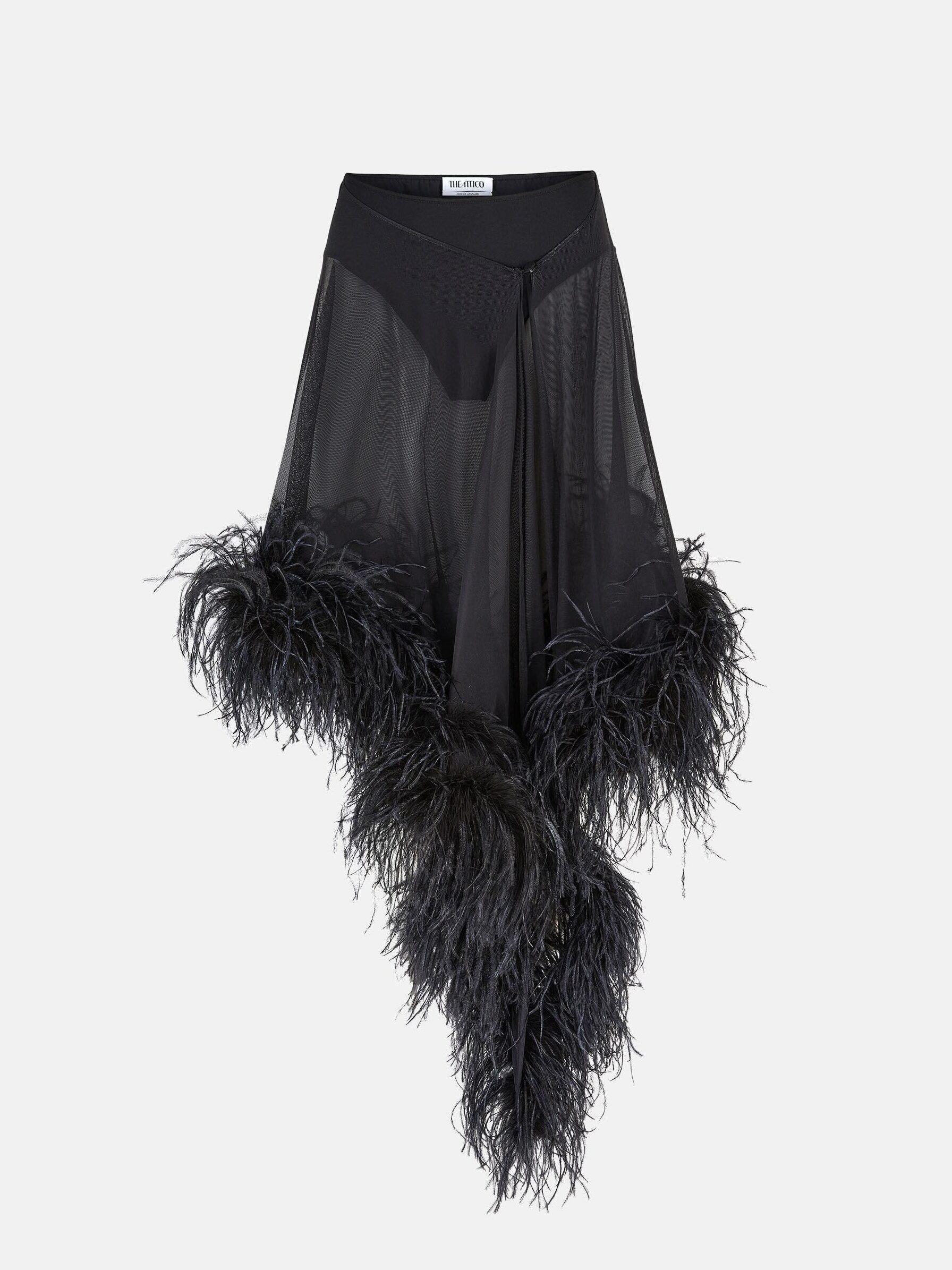 Jupe Mya noire transparente en jersey et plumes d'autruche, 1 730€, The Attico.