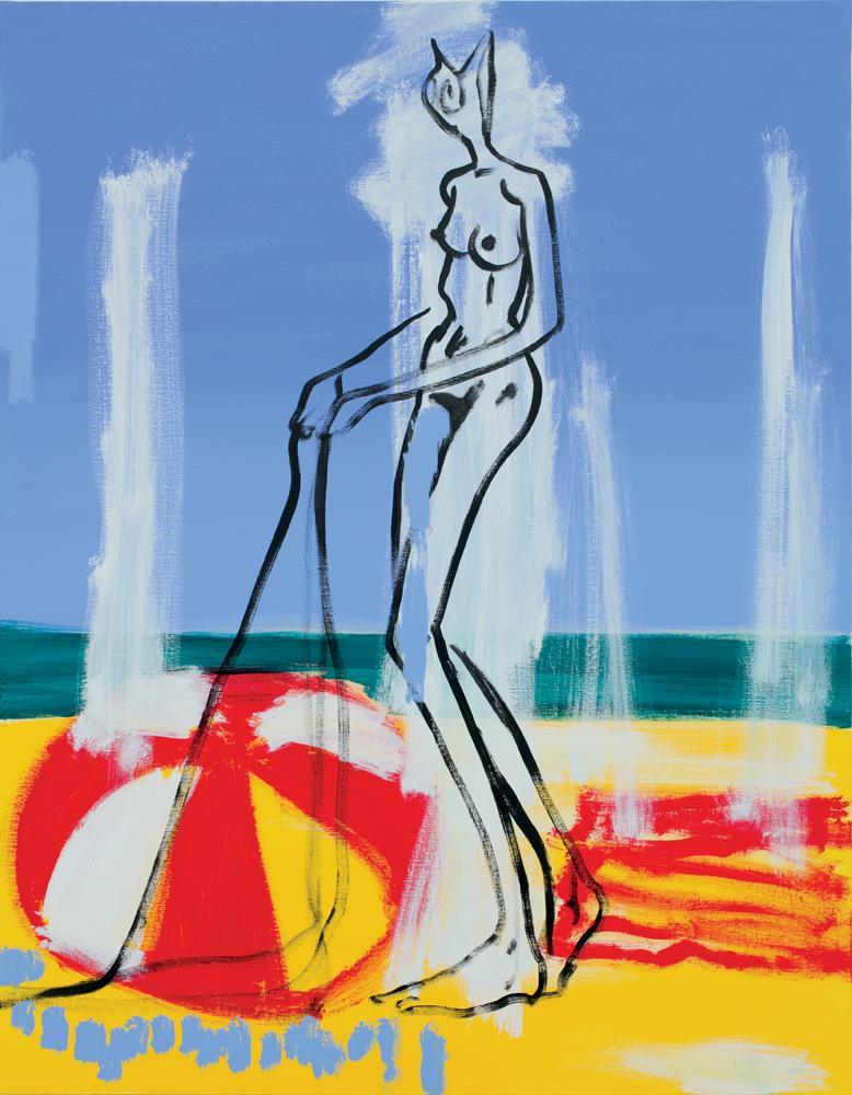 peinture de l'artiste Alains Séchas, Nu au parasol réalisée en 2017