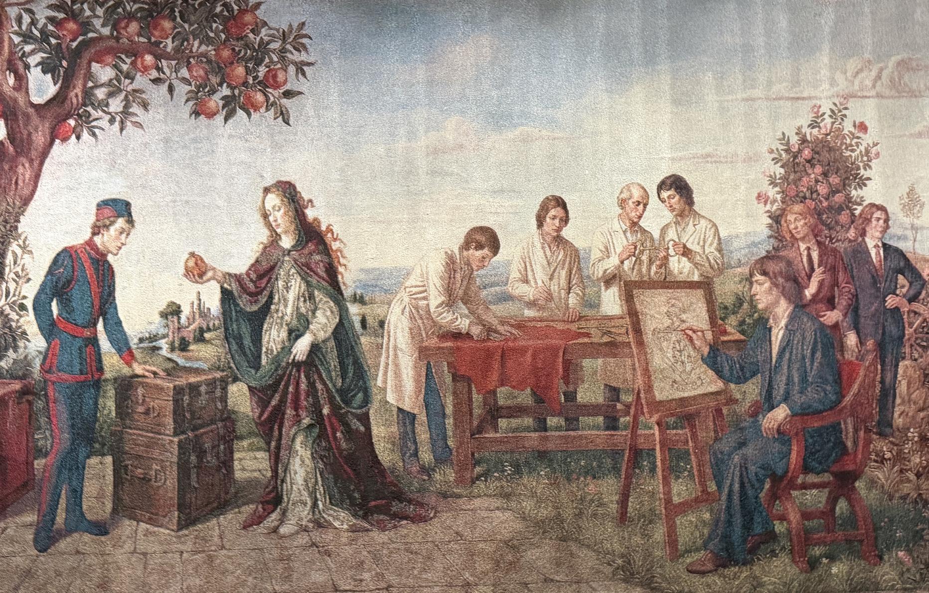 À gauche de la tapisserie retraçant les débuts de la maison, le fondateur Guccio Gucci, quant il travaillait à l'hôte Savoy à Londres.