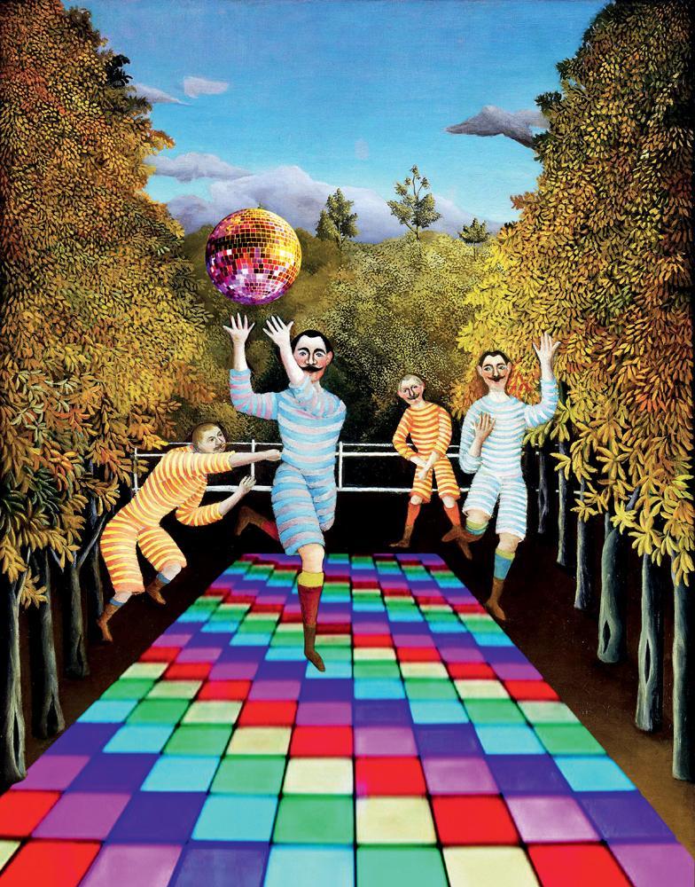 Tableau de Francesco Vezzoli, Les Joueurs de disco-football (d’après Henri Rousseau) (2021).