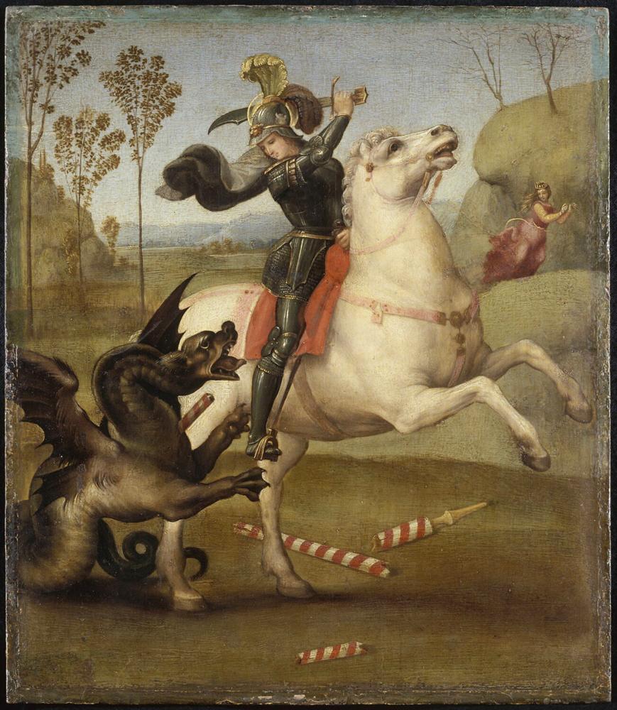 Raffaelo Santi, dit Raphaël, Saint Georges luttant avec le dragon (vers 1503-1505), peinture exposée au musée Bonnat-Helleu en 2026